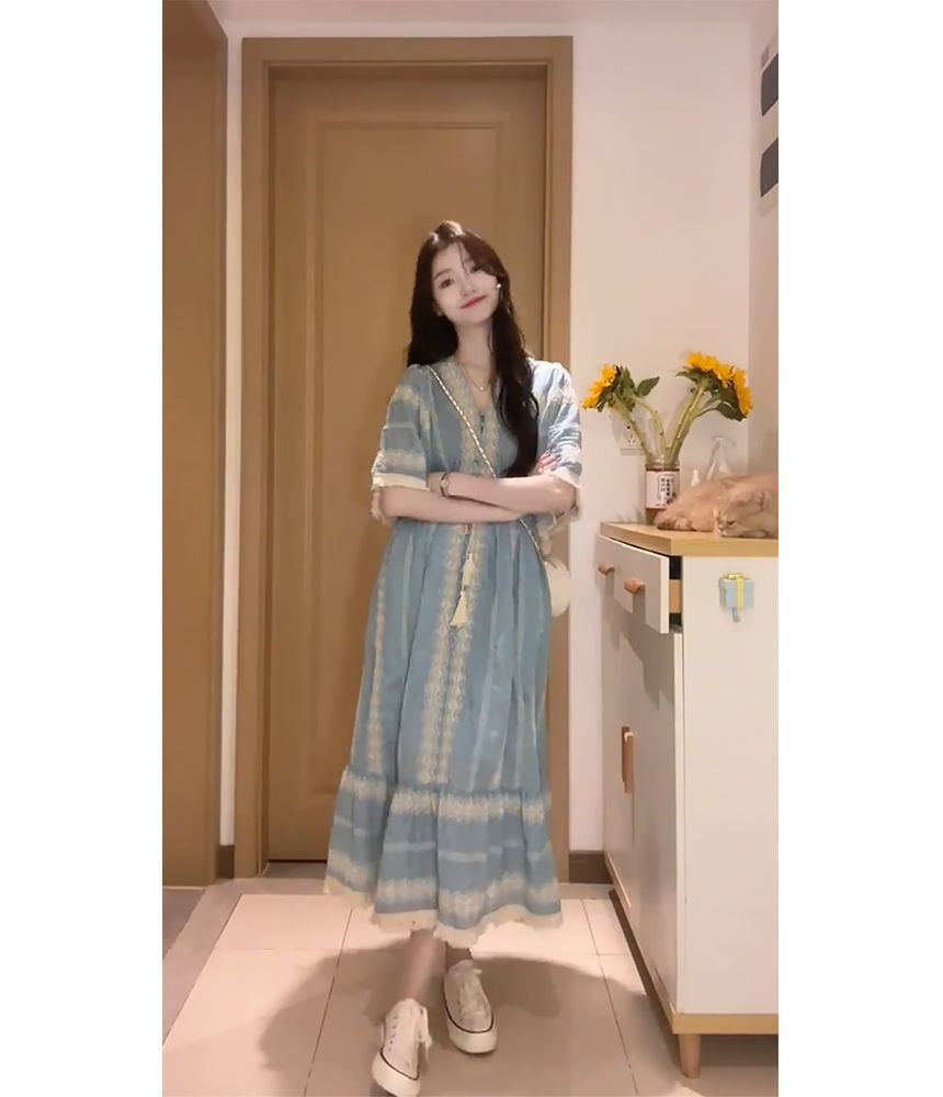 A-Line V-Neck Embroidered Midi Panel Dress Elbow-Sleeve Tassel