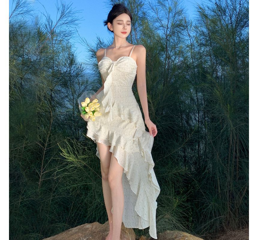 Floral Ruffle Maxi A-Line Spaghetti Dress Trim Strap