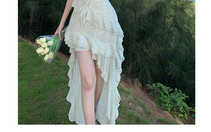 Floral Ruffle Maxi A-Line Spaghetti Dress Trim Strap