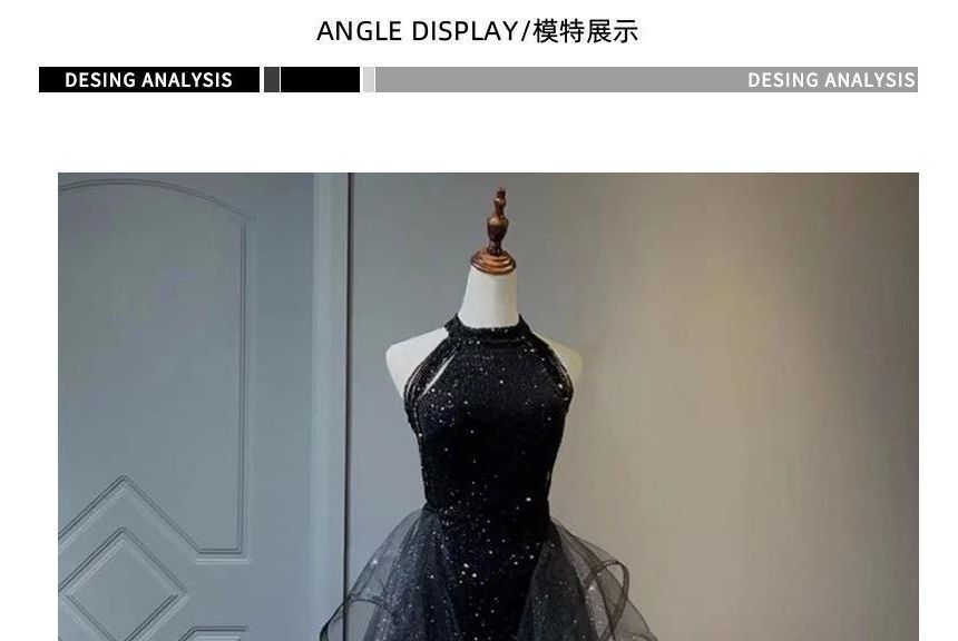 Beaded Crew Panel Neck Ruffle Gown Evening Sleeveless Glitter Mesh Plain A-Line