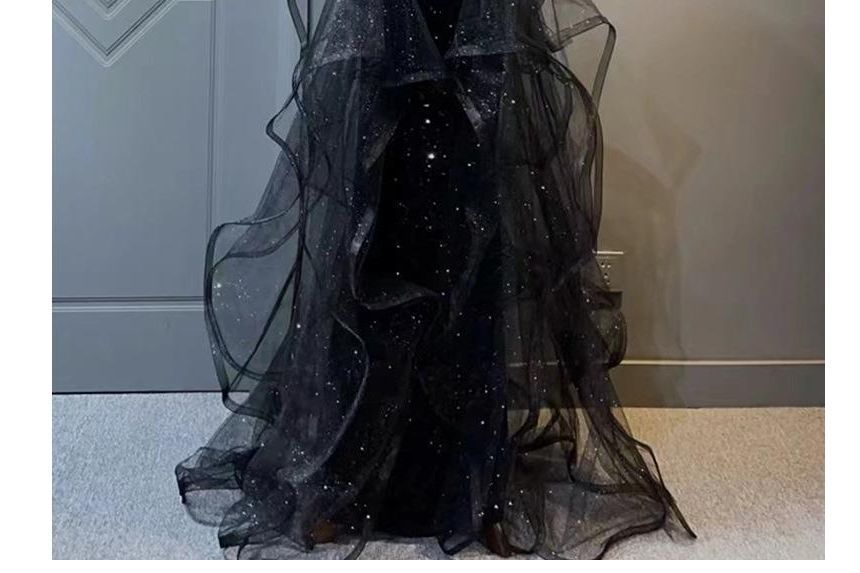 Beaded Crew Panel Neck Ruffle Gown Evening Sleeveless Glitter Mesh Plain A-Line