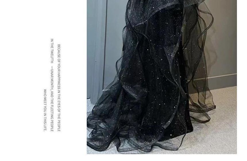 Beaded Crew Panel Neck Ruffle Gown Evening Sleeveless Glitter Mesh Plain A-Line