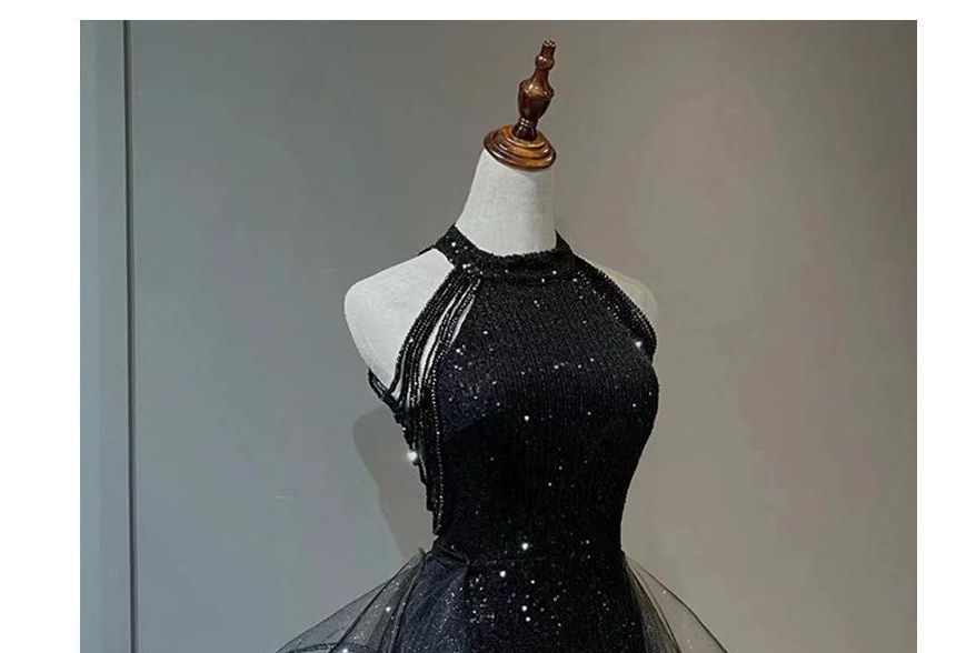 Beaded Crew Panel Neck Ruffle Gown Evening Sleeveless Glitter Mesh Plain A-Line