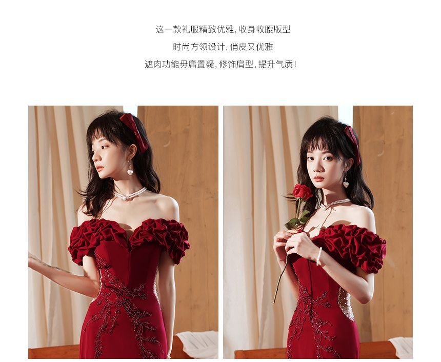 Ruched Evening Beaded Gown Plain Panel Off Mesh Mermaid Short-Sleeve Shoulder