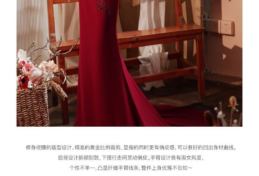 Ruched Evening Beaded Gown Plain Panel Off Mesh Mermaid Short-Sleeve Shoulder