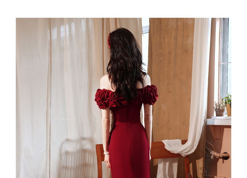 Ruched Evening Beaded Gown Plain Panel Off Mesh Mermaid Short-Sleeve Shoulder