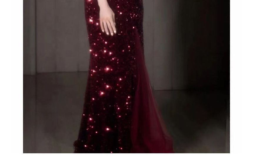 Slit Evening Mesh Spaghetti Sequin Tone Two A-Line Strap Panel