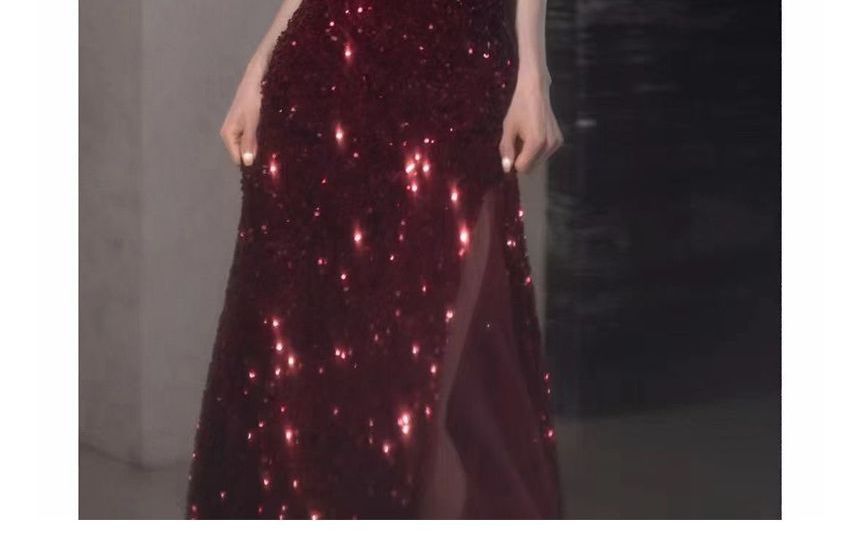 Slit Evening Mesh Spaghetti Sequin Tone Two A-Line Strap Panel