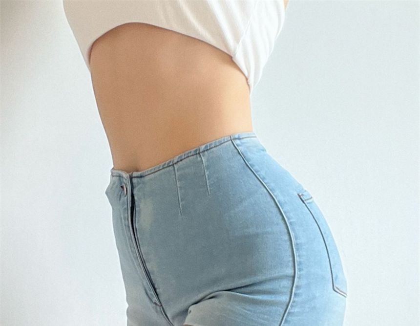 Mid Waist Washed Denim Hot Pants