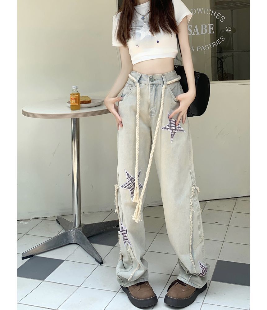 High Rise Star Applique Washed Wide Leg Jeans