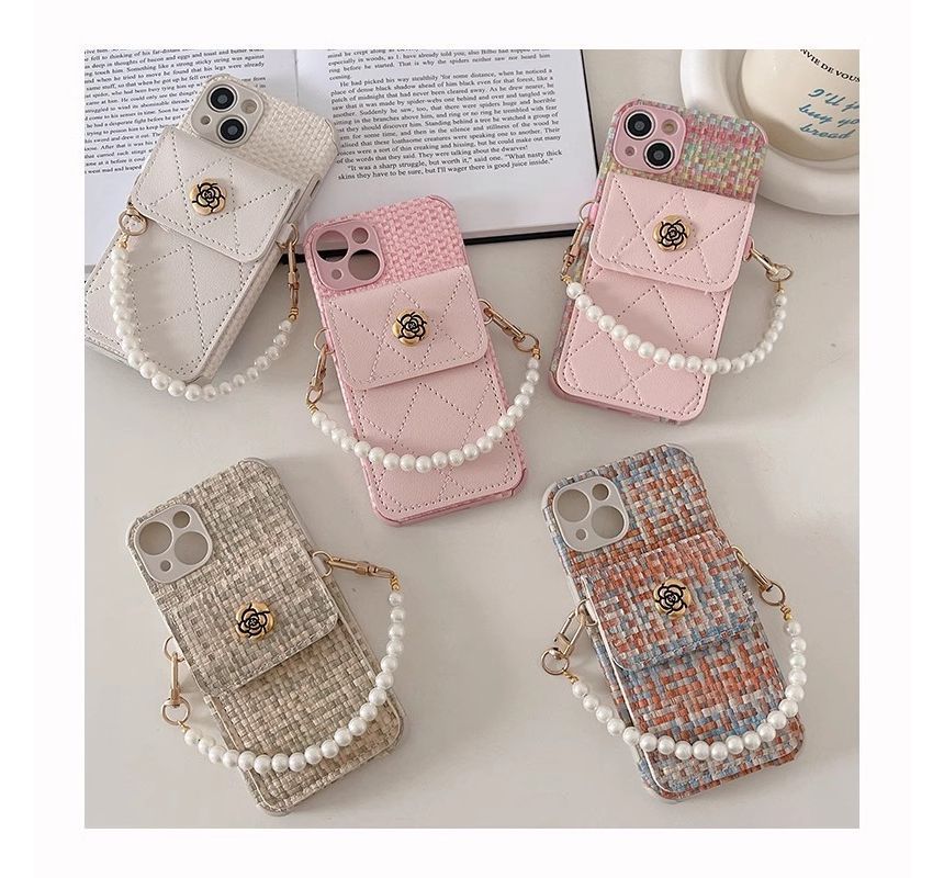 Flower Applique Phone Case With Pocket & Faux Pearl Wrist Strap For iPhone 11, 11 Pro, 11 Pro Max, 12/12 Pro, 12 Pro Max, 13, 13 Pro, 13 Pro Max, 14, 14 Plus, 14 Pro, 14 Pro Max