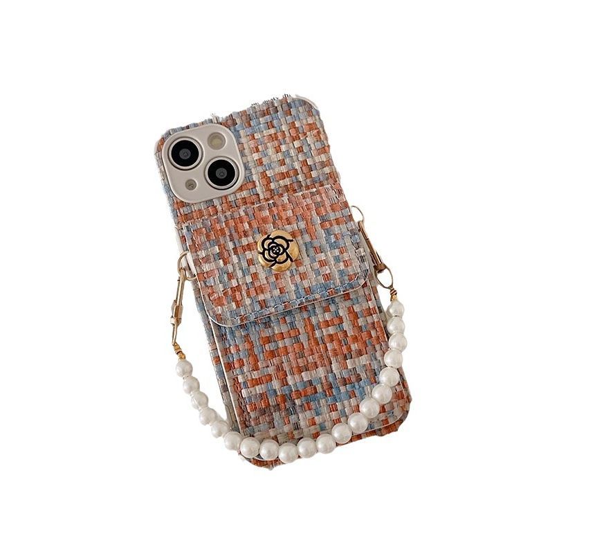 Flower Applique Phone Case With Pocket & Faux Pearl Wrist Strap For iPhone 11, 11 Pro, 11 Pro Max, 12/12 Pro, 12 Pro Max, 13, 13 Pro, 13 Pro Max, 14, 14 Plus, 14 Pro, 14 Pro Max