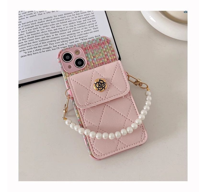 Flower Applique Phone Case With Pocket & Faux Pearl Wrist Strap For iPhone 11, 11 Pro, 11 Pro Max, 12/12 Pro, 12 Pro Max, 13, 13 Pro, 13 Pro Max, 14, 14 Plus, 14 Pro, 14 Pro Max