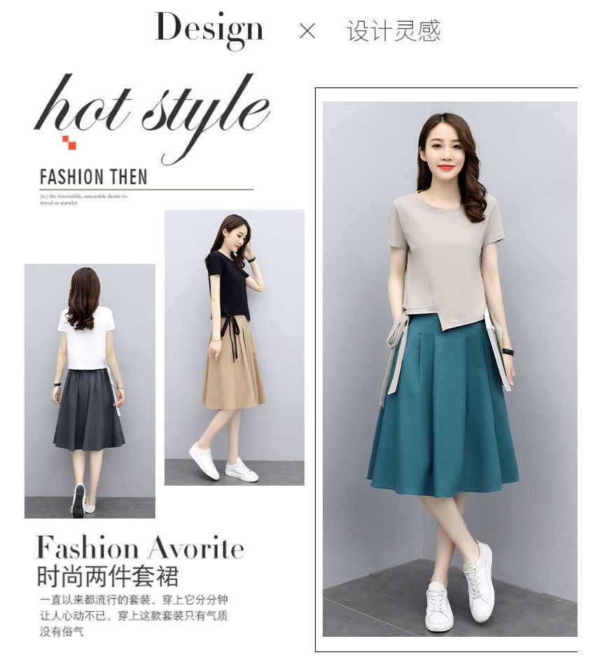 Set: Skirt Neck Midi Elastic T-Shirt Waist Round + Plain Short-Sleeve A-Line
