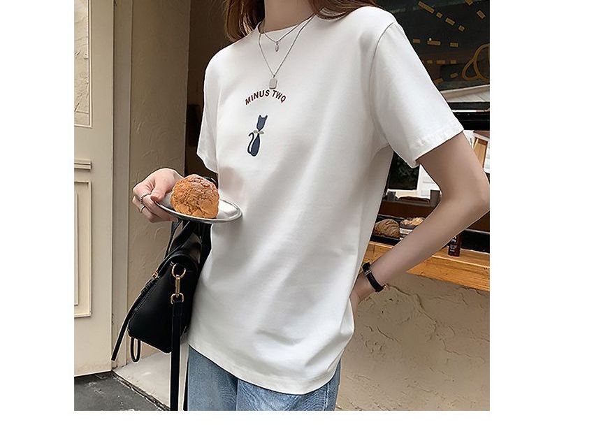 Neck T-Shirt Short-Sleeve Cat Crew Print