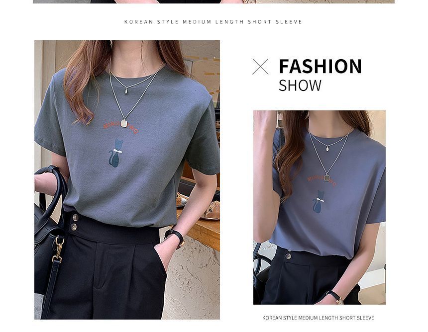 Neck T-Shirt Short-Sleeve Cat Crew Print