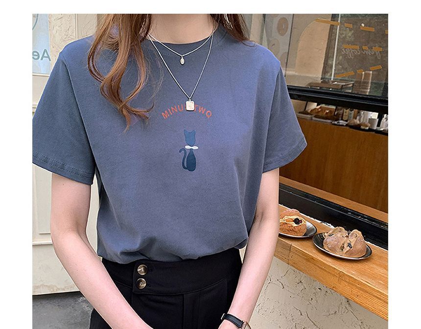 Neck T-Shirt Short-Sleeve Cat Crew Print