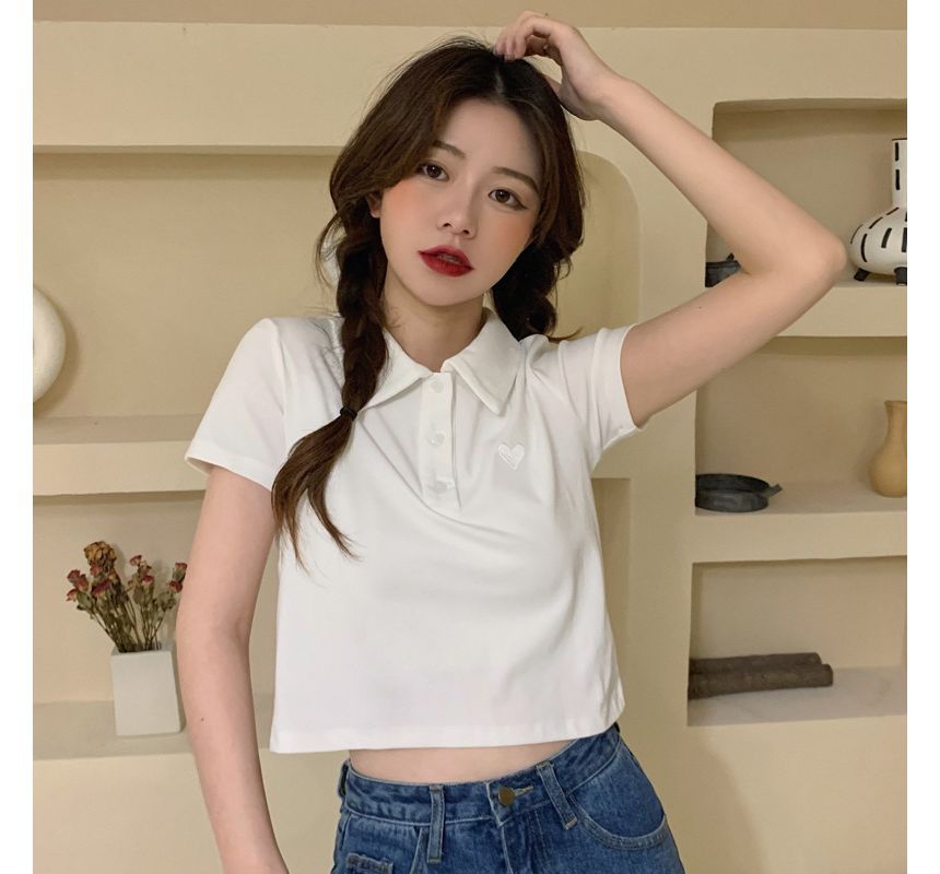 Short-Sleeve Polo Shirt Heart Embroidered