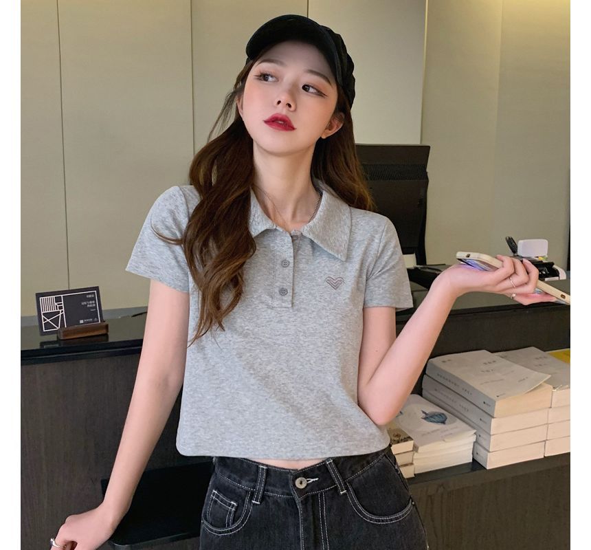 Short-Sleeve Polo Shirt Heart Embroidered