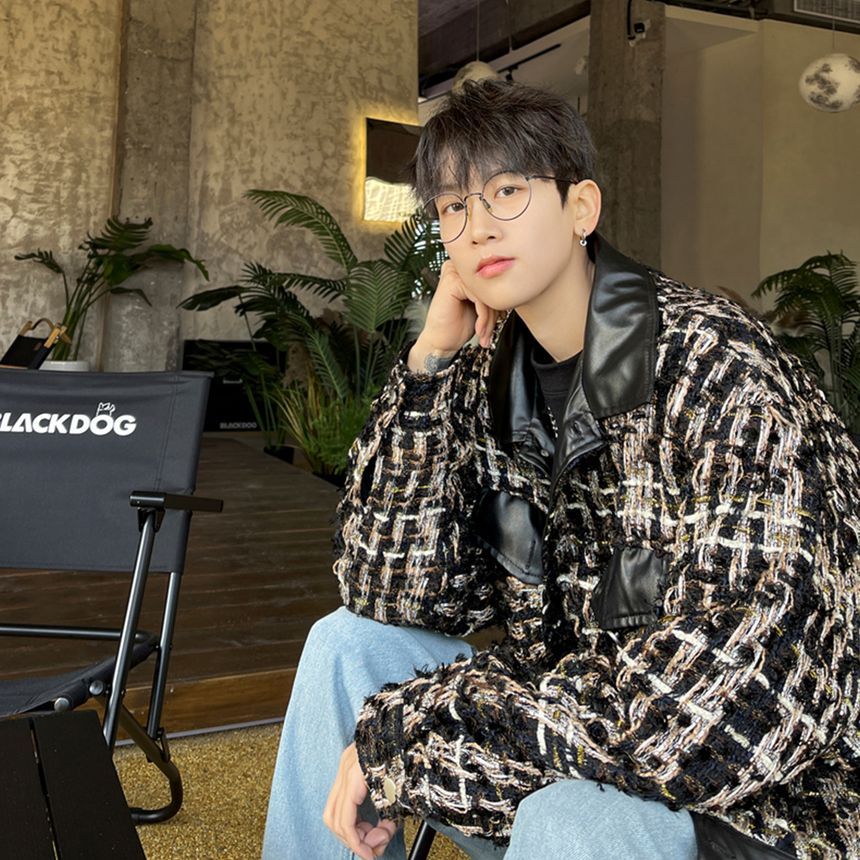 Collared Panel Faux Leather Tweed Button Jacket