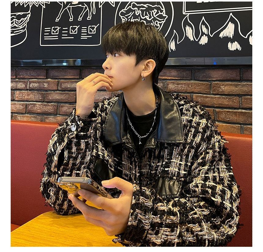 Collared Panel Faux Leather Tweed Button Jacket