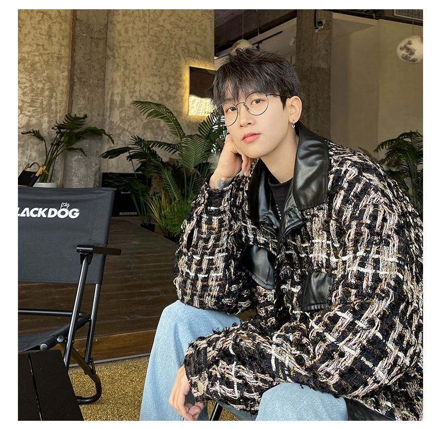 Collared Panel Faux Leather Tweed Button Jacket