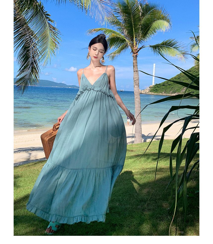 Spaghetti Strap Plain Shirred Ruffle Trim Midi Sundress