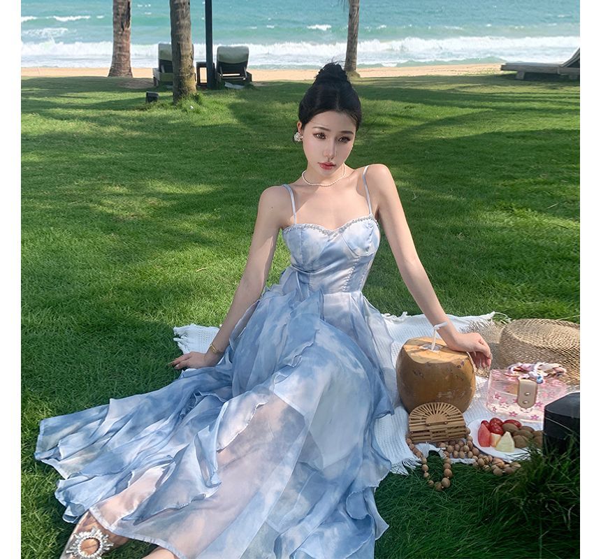 Spaghetti Strap Floral Print Asymmetrical Ruffle Midi Sundress