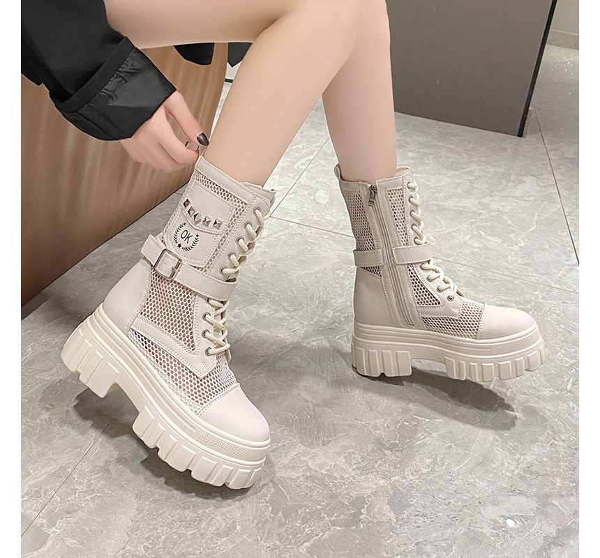 Studded Platform Panel Lace-Up Short Mesh Boots