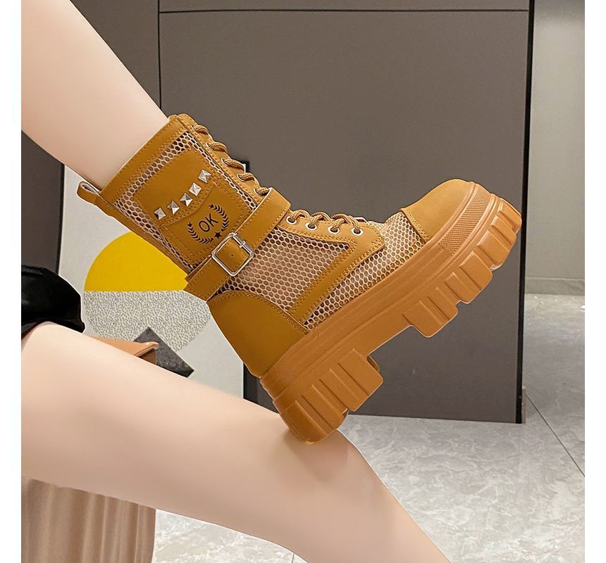 Studded Platform Panel Lace-Up Short Mesh Boots