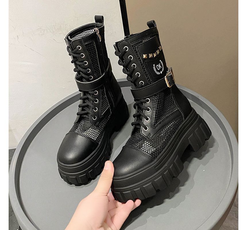 Studded Platform Panel Lace-Up Short Mesh Boots