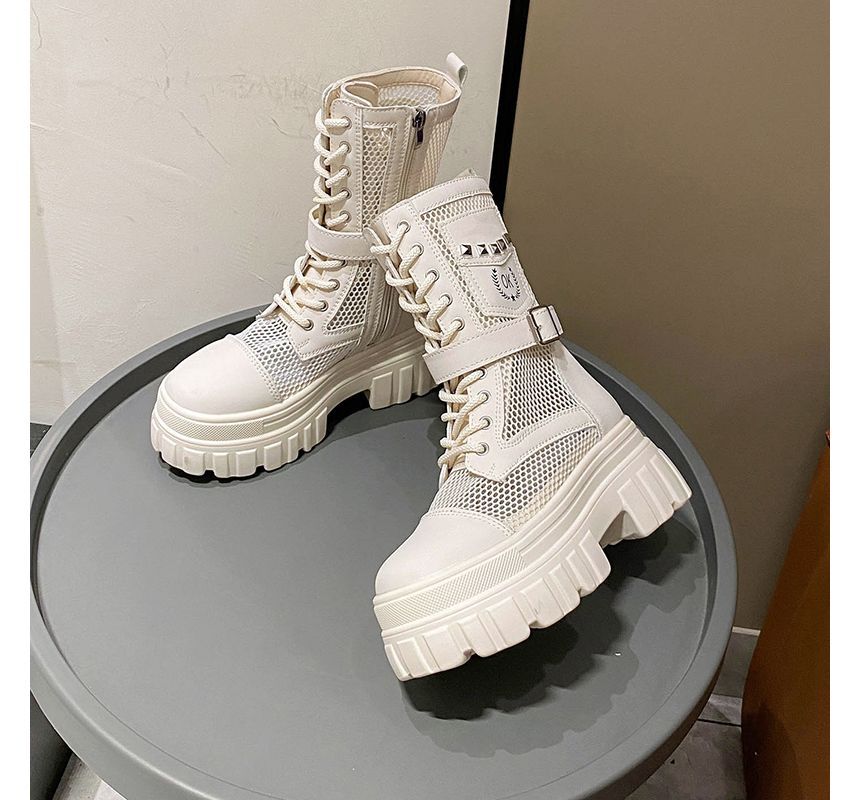 Studded Platform Panel Lace-Up Short Mesh Boots