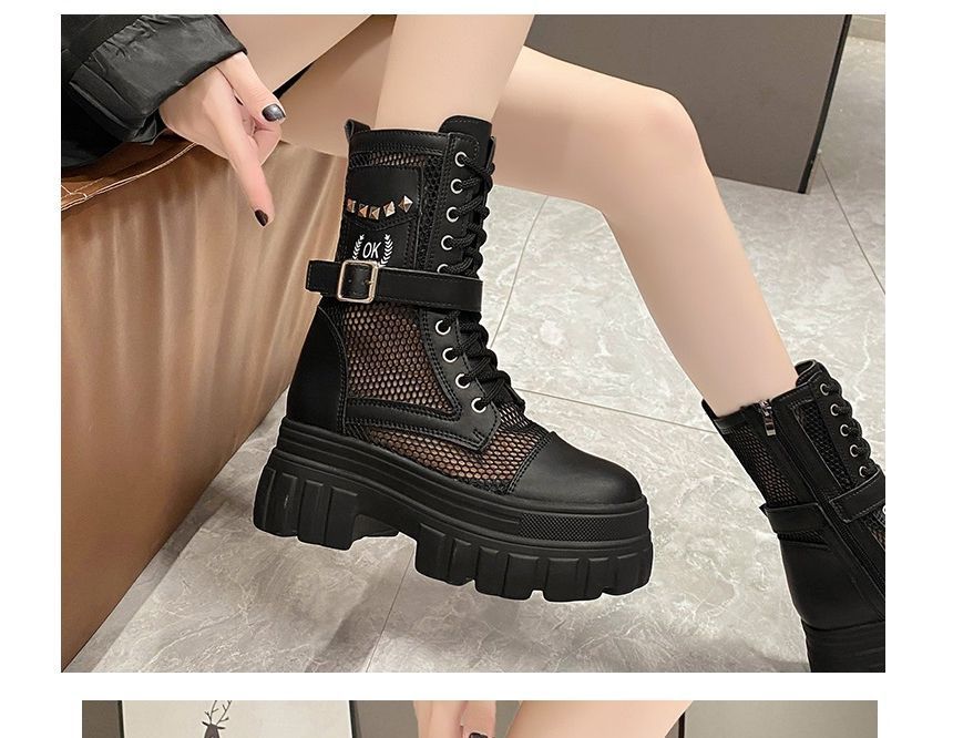 Studded Platform Panel Lace-Up Short Mesh Boots