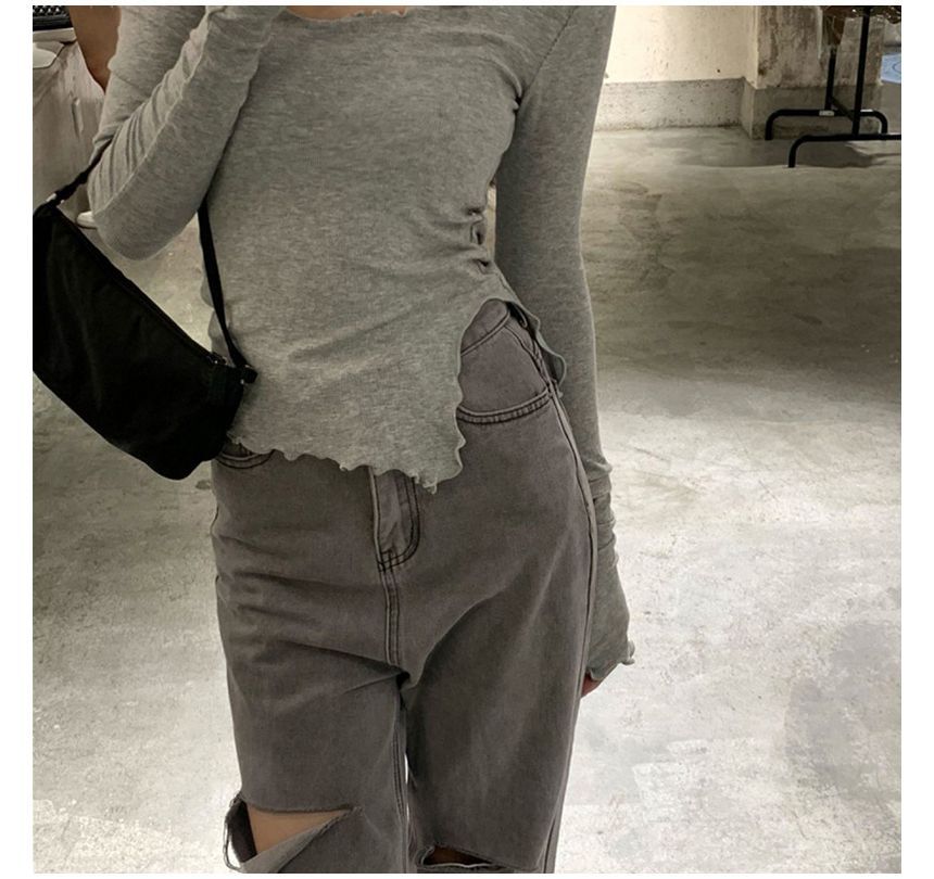 Scoop Edge Slit Neck Long-Sleeve T-Shirt Lettuce Plain
