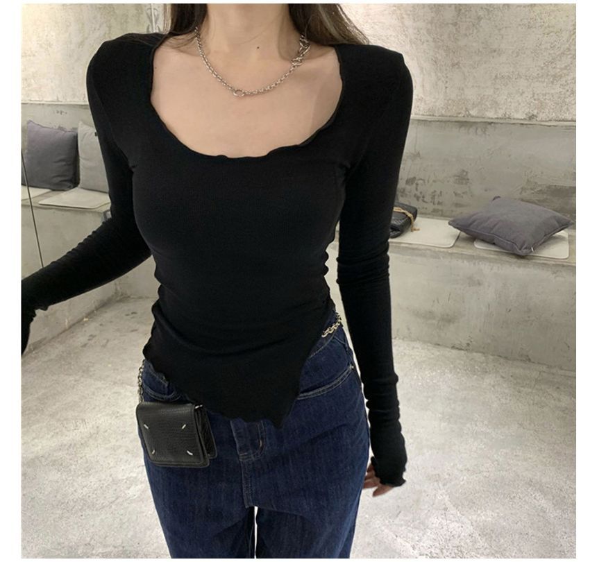 Scoop Edge Slit Neck Long-Sleeve T-Shirt Lettuce Plain