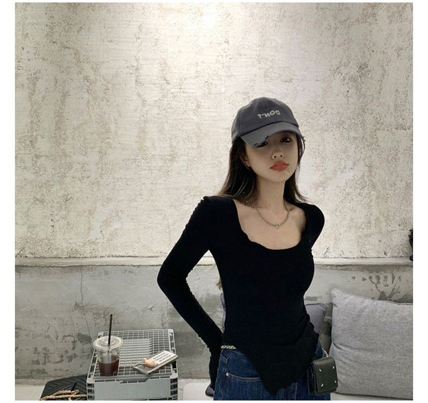 Scoop Edge Slit Neck Long-Sleeve T-Shirt Lettuce Plain