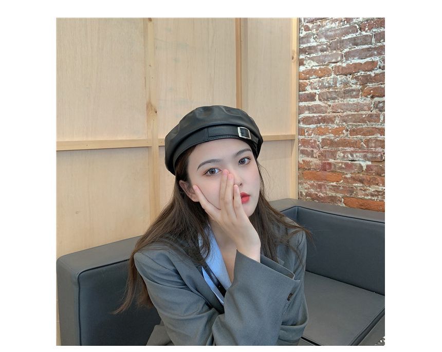 Leather Faux Buckled Beret