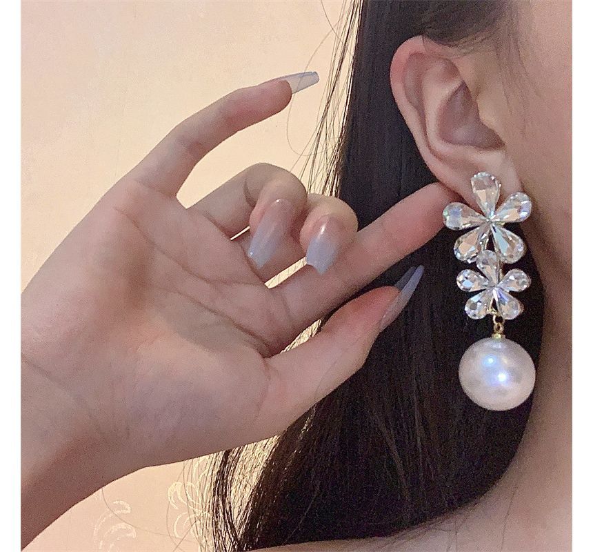Faux Pearl Earring Flower Drop Rhinestone