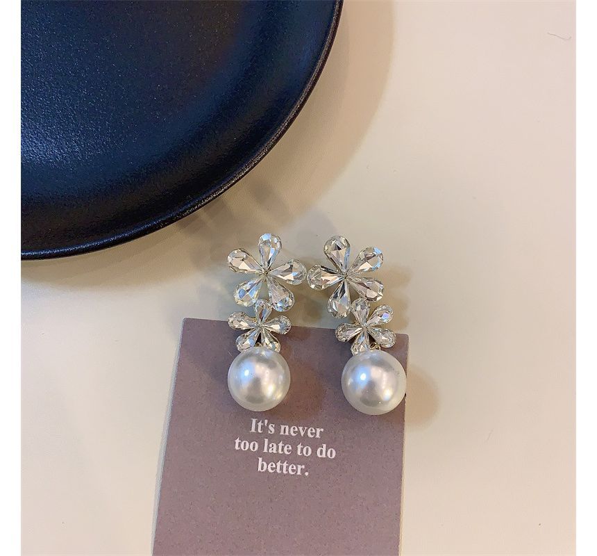 Faux Pearl Earring Flower Drop Rhinestone