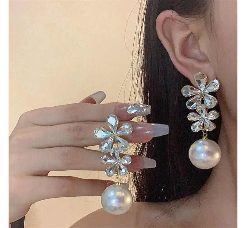 Faux Pearl Earring Flower Drop Rhinestone