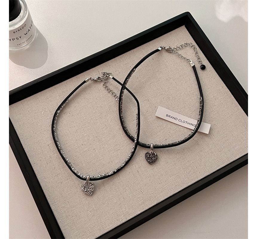 Necklace Heart Leather Cord Rhinestone Faux