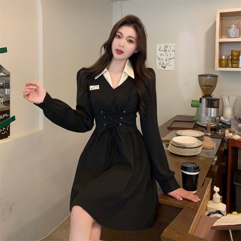 Contrast Collar Mini A-Line Puff-Sleeve Lace-Up Two-Piece Mock Dress