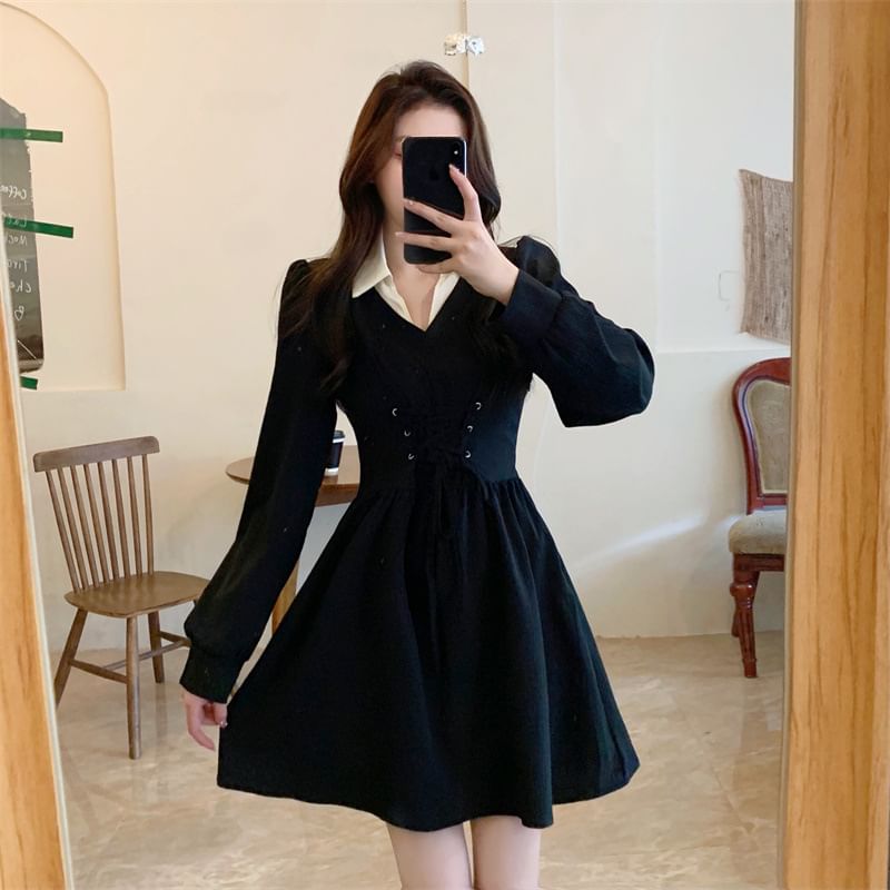Contrast Collar Mini A-Line Puff-Sleeve Lace-Up Two-Piece Mock Dress