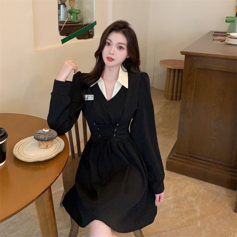 Contrast Collar Mini A-Line Puff-Sleeve Lace-Up Two-Piece Mock Dress