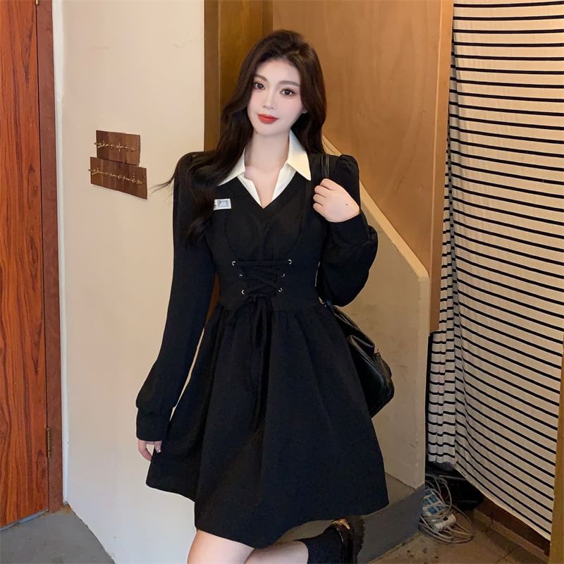 Contrast Collar Mini A-Line Puff-Sleeve Lace-Up Two-Piece Mock Dress