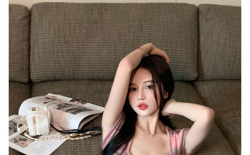 Dress Short-Sleeve Slim-Fit Mini Square-Neck Striped