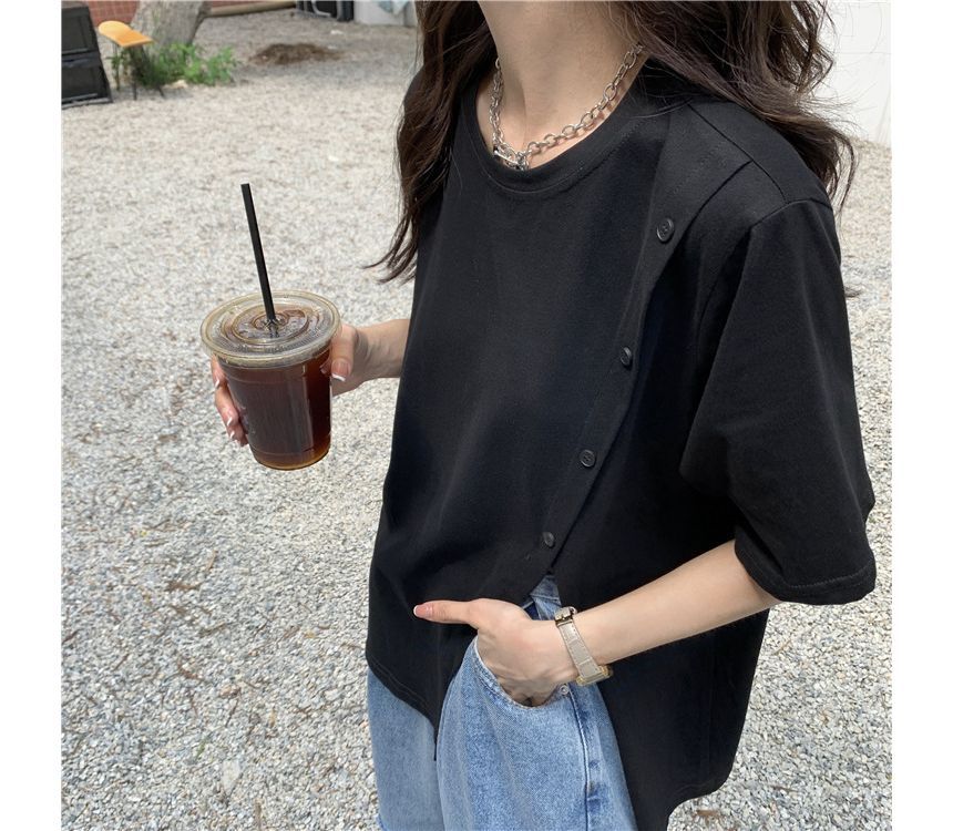 Neck Plain Crew Short-Sleeve Tee Side-Slit