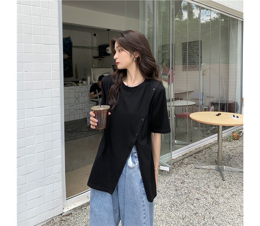 Neck Plain Crew Short-Sleeve Tee Side-Slit