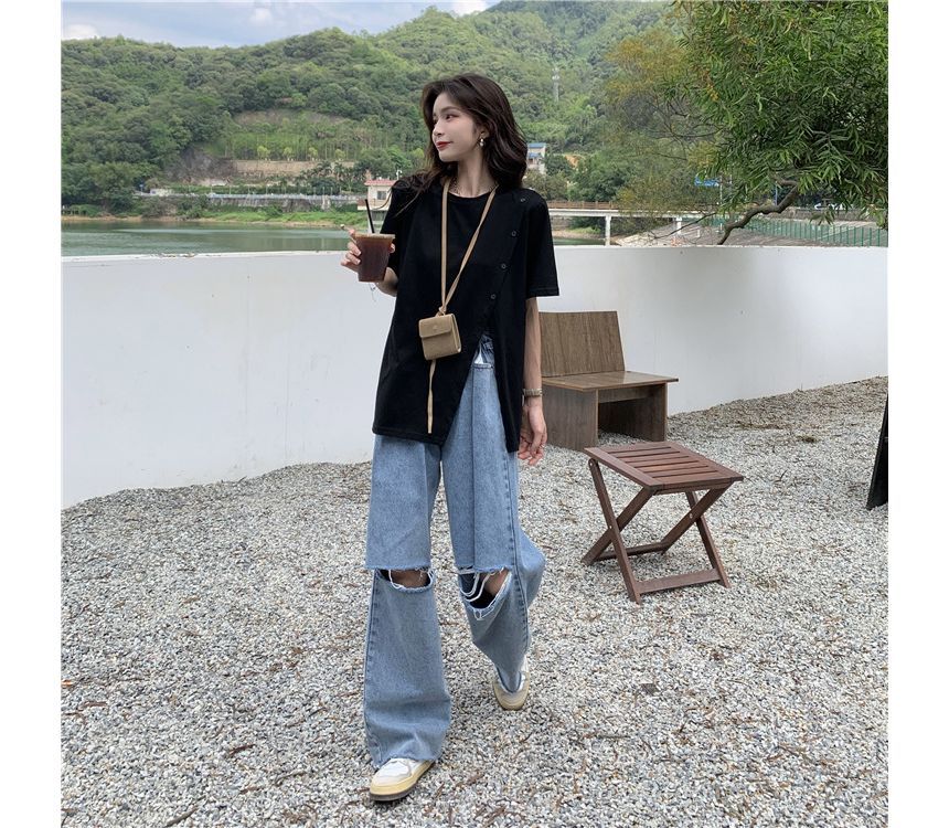 Neck Plain Crew Short-Sleeve Tee Side-Slit