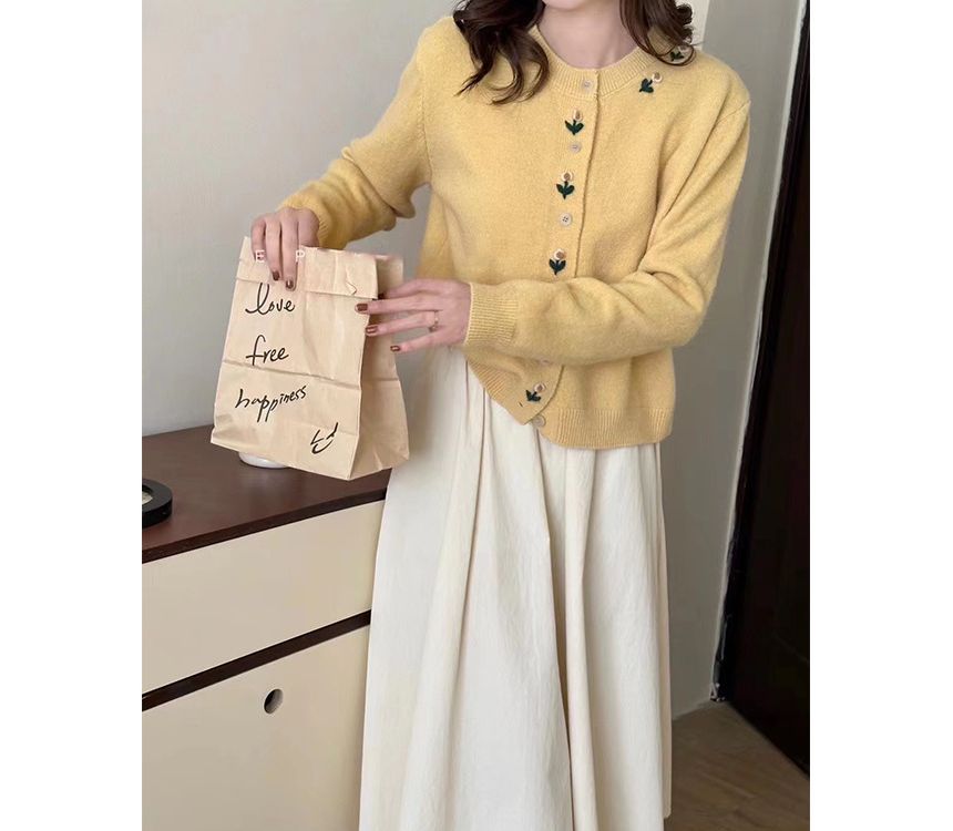 Neck Floral Crew Cardigan Plain